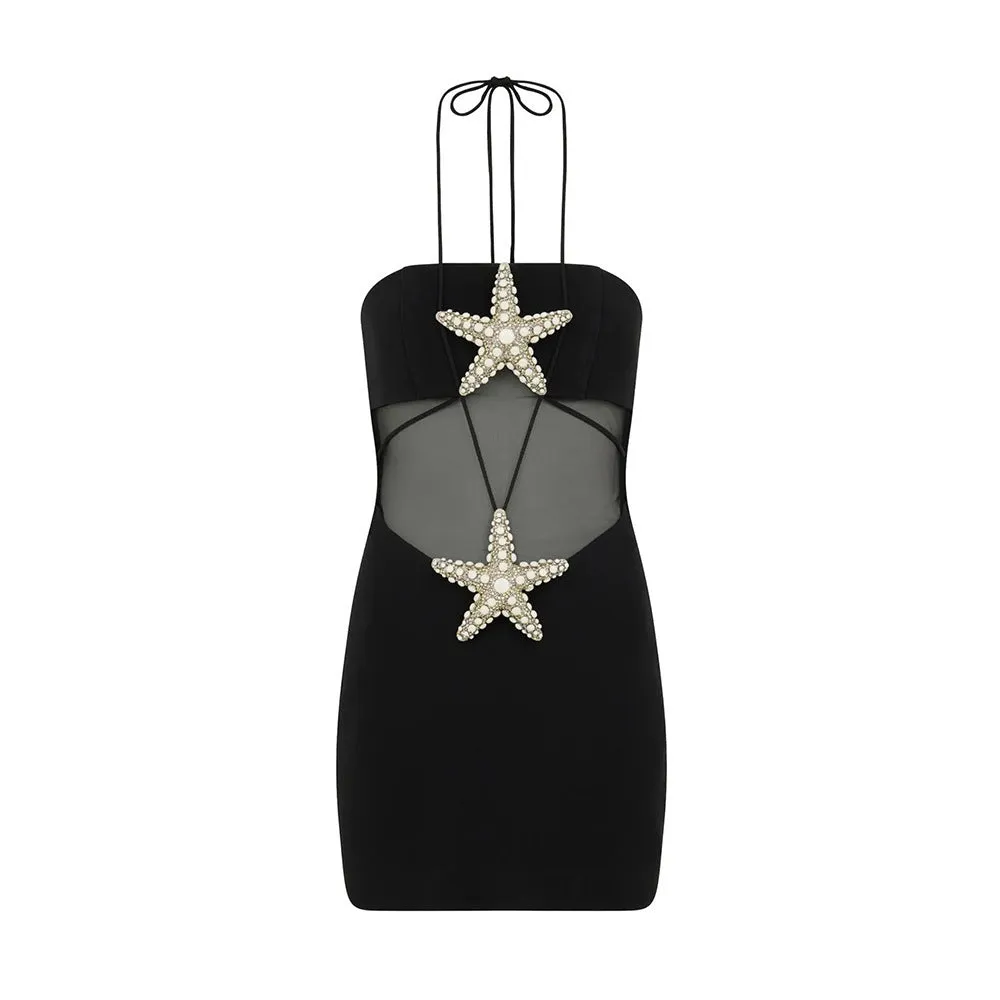 Contrast Mesh Star Pattern Halter Neck Bodycon Dress