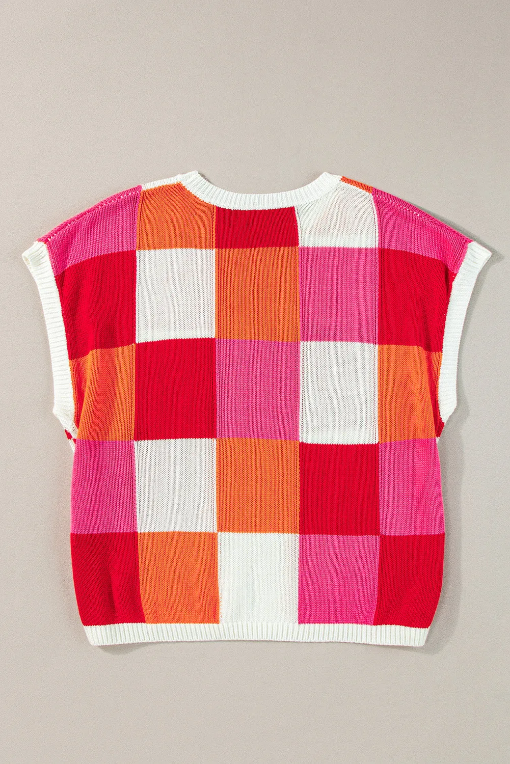 Contrast Plaid Round Neck Cap Sleeve Sweater