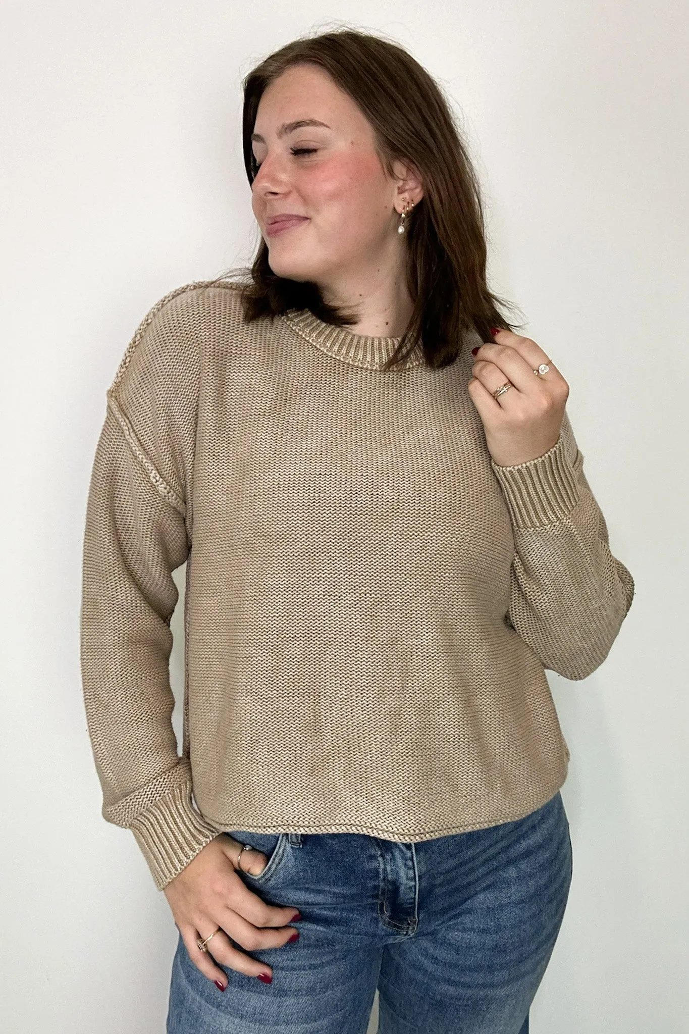 Cool Nights Acid Wash Exposed Seam Sweater