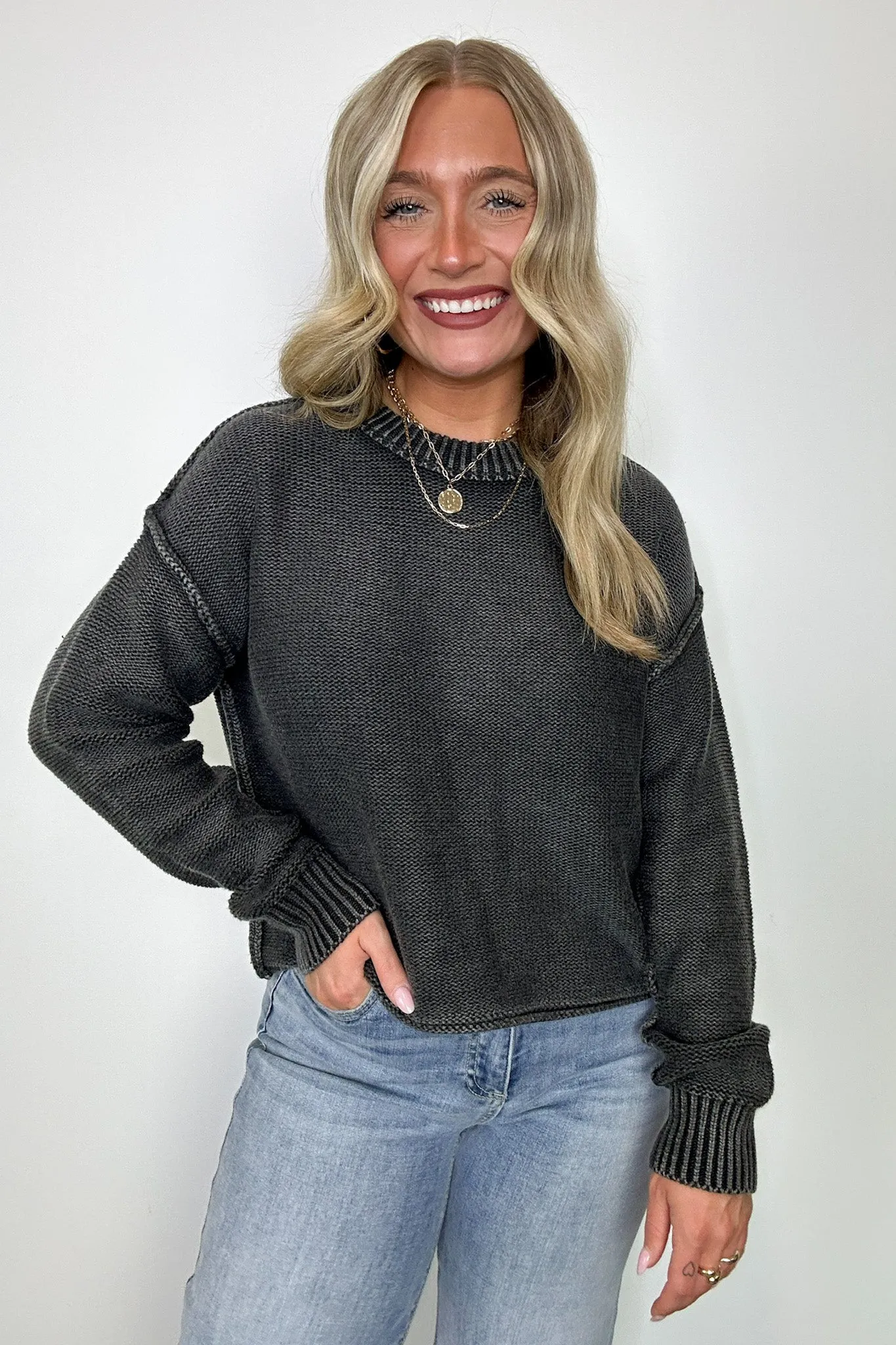 Cool Nights Acid Wash Exposed Seam Sweater
