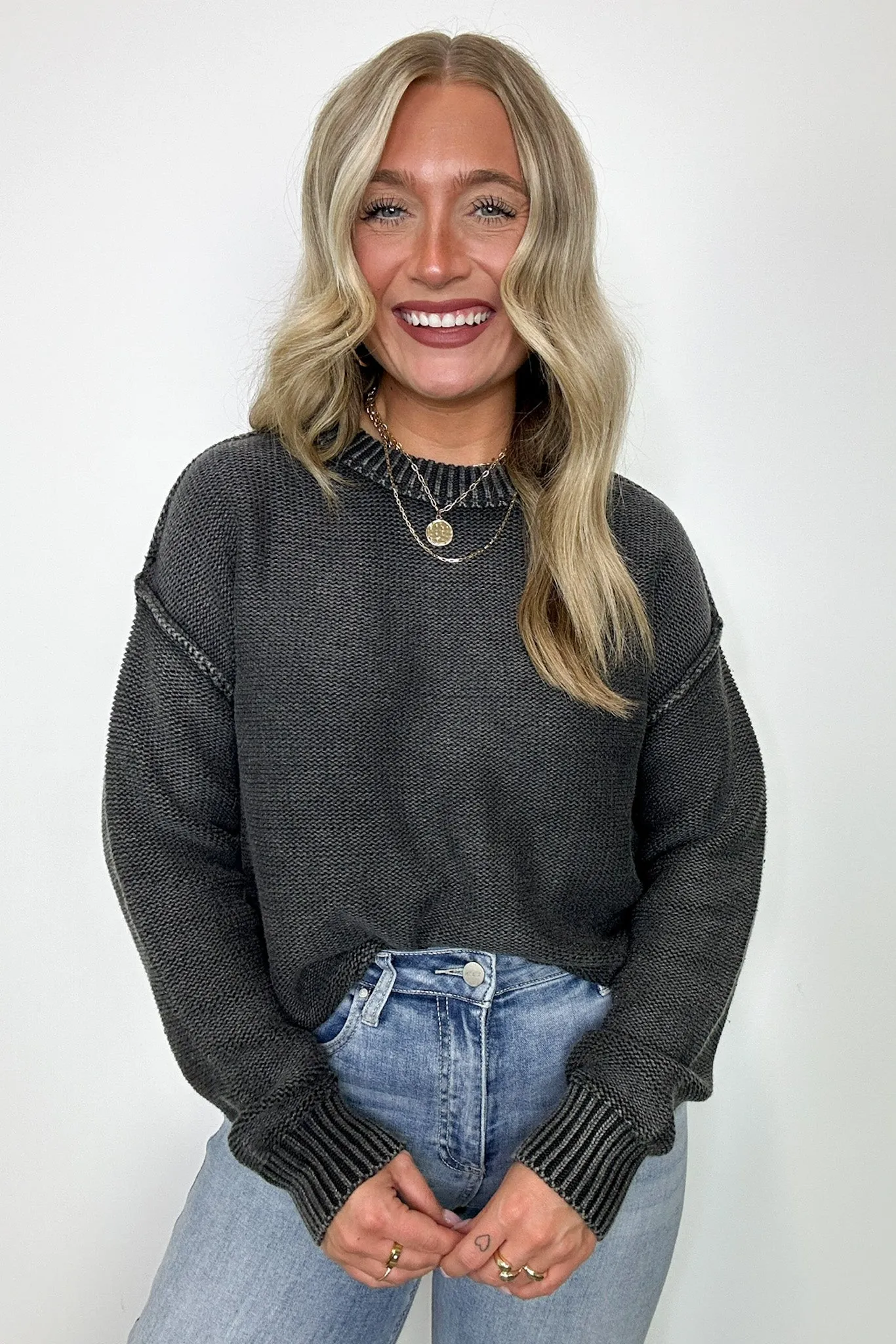 Cool Nights Acid Wash Exposed Seam Sweater