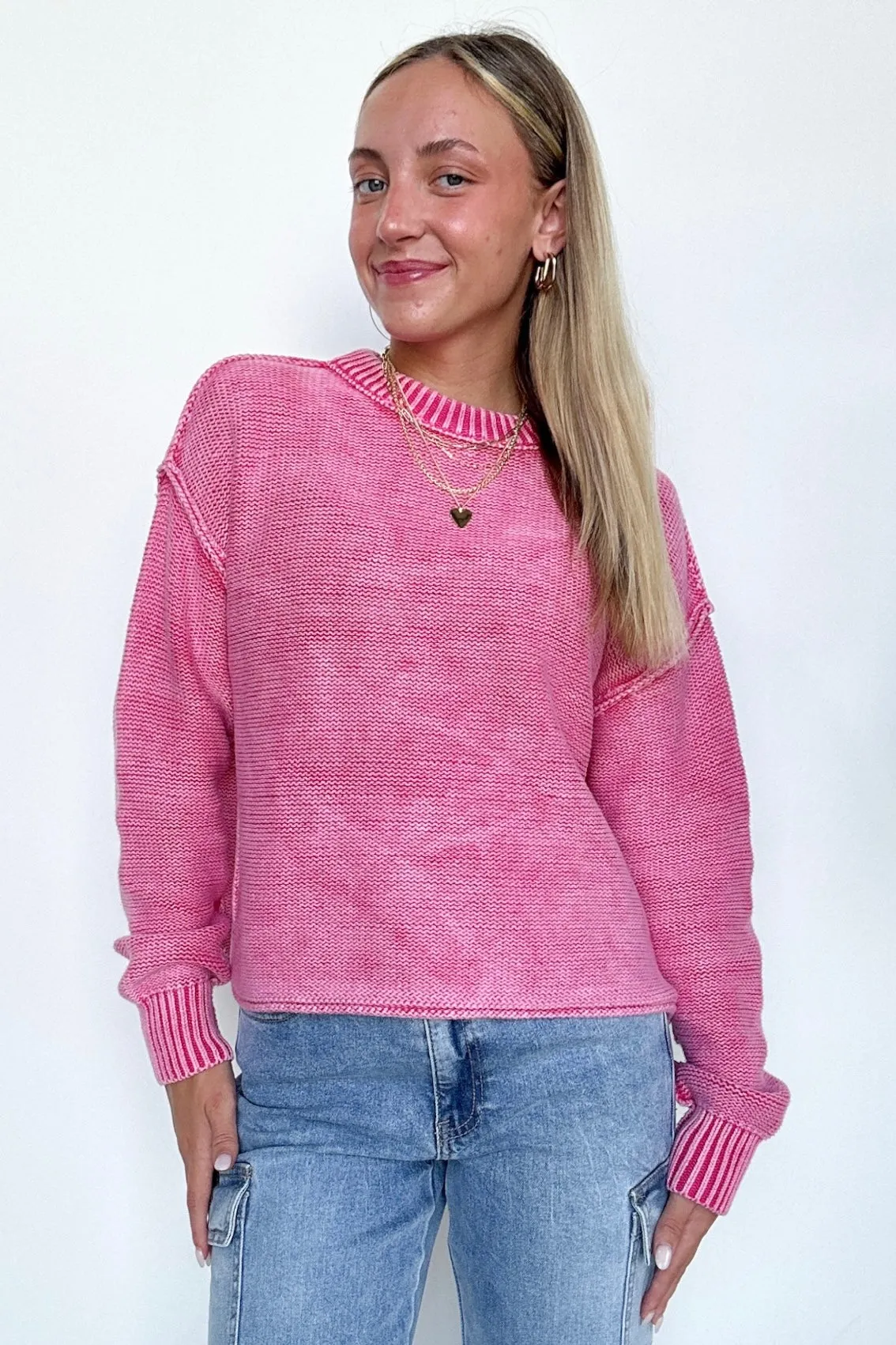 Cool Nights Acid Wash Exposed Seam Sweater