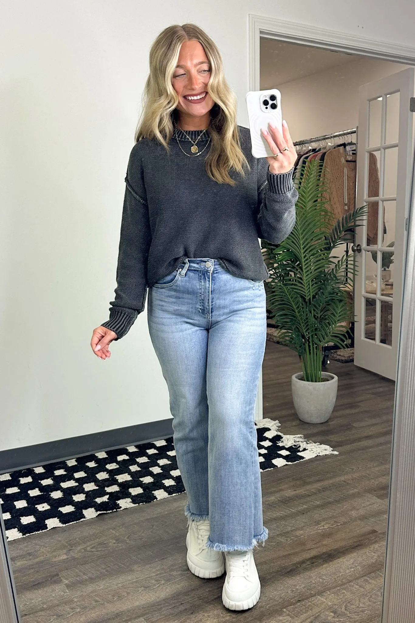 Cool Nights Acid Wash Exposed Seam Sweater