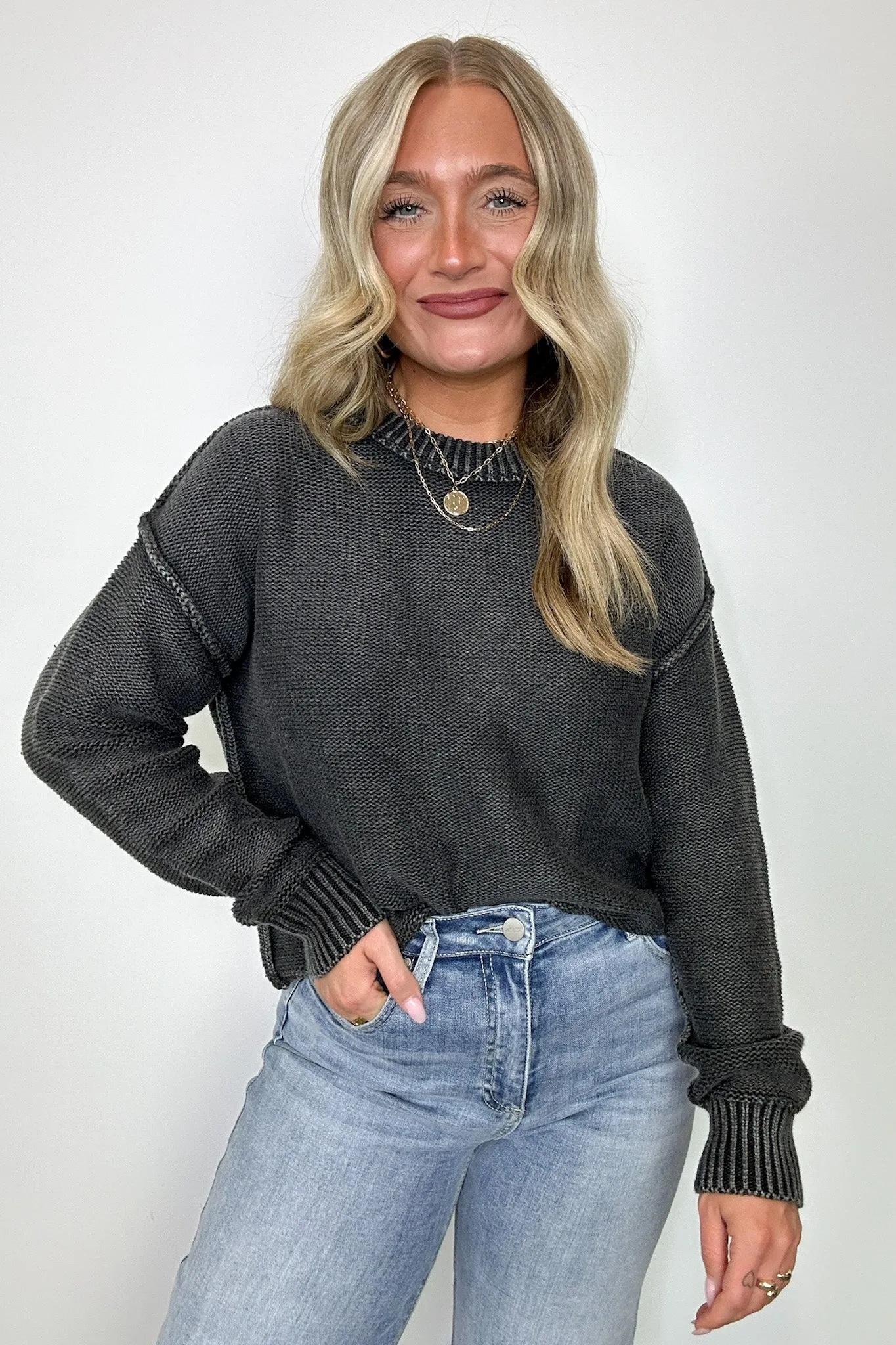 Cool Nights Acid Wash Exposed Seam Sweater