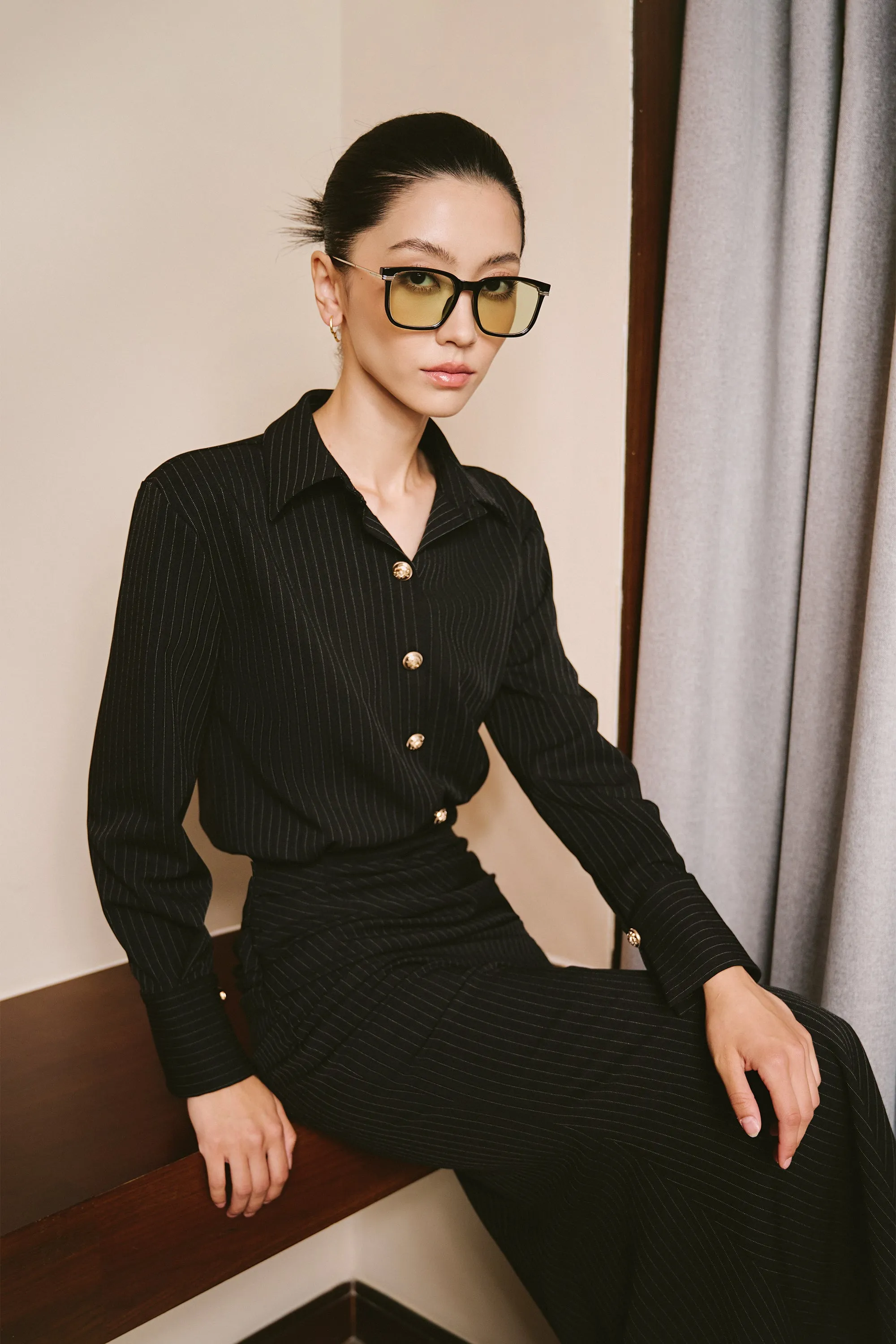 Coralie Long Sleeve Wool Twill Midi Shirt Dress