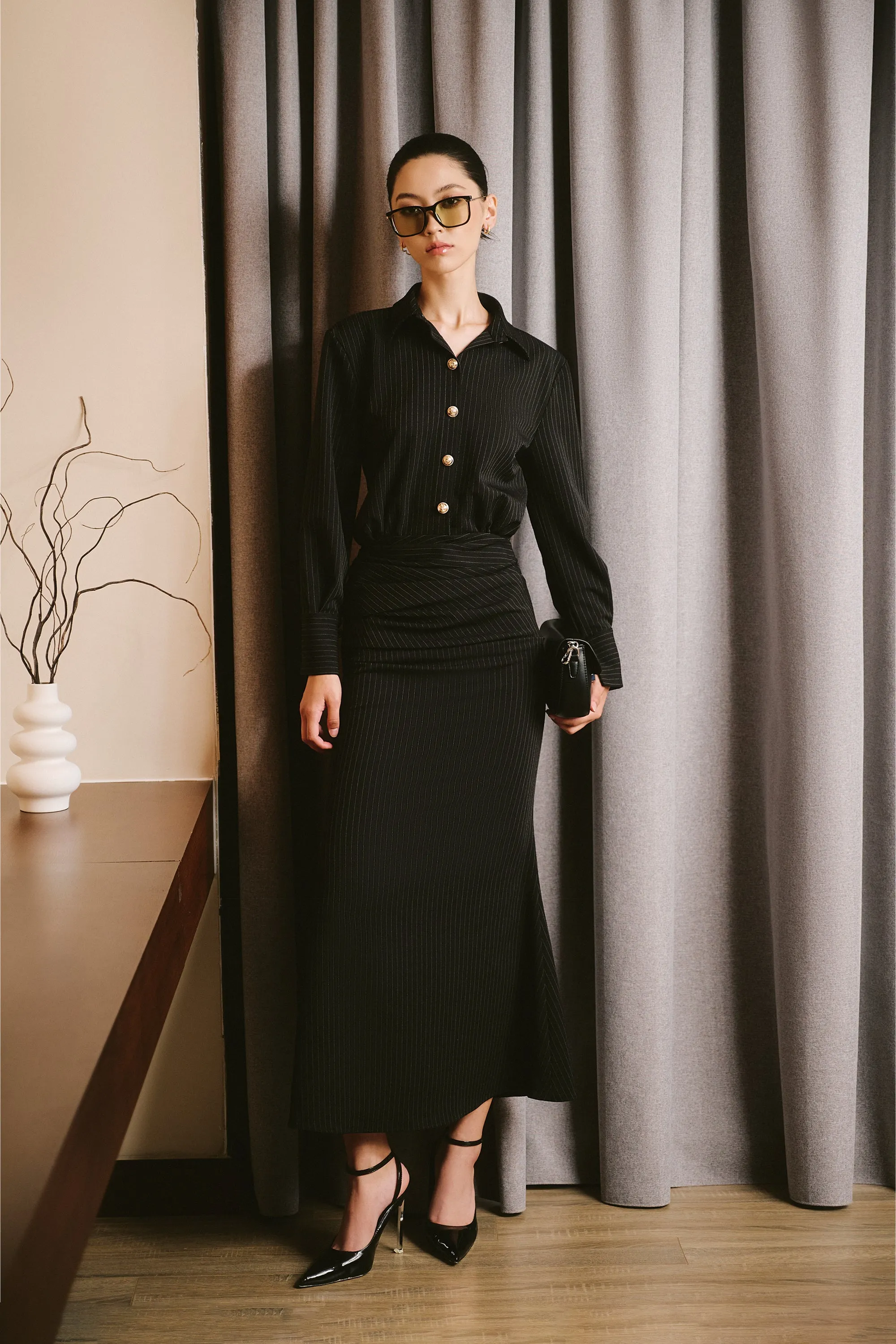 Coralie Long Sleeve Wool Twill Midi Shirt Dress