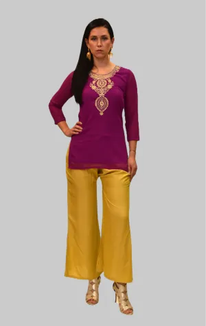 Cotton Chiffon Boysenberry Purple Embroidered Short Kurti
