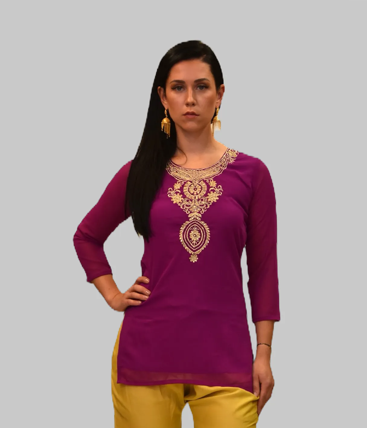Cotton Chiffon Boysenberry Purple Embroidered Short Kurti