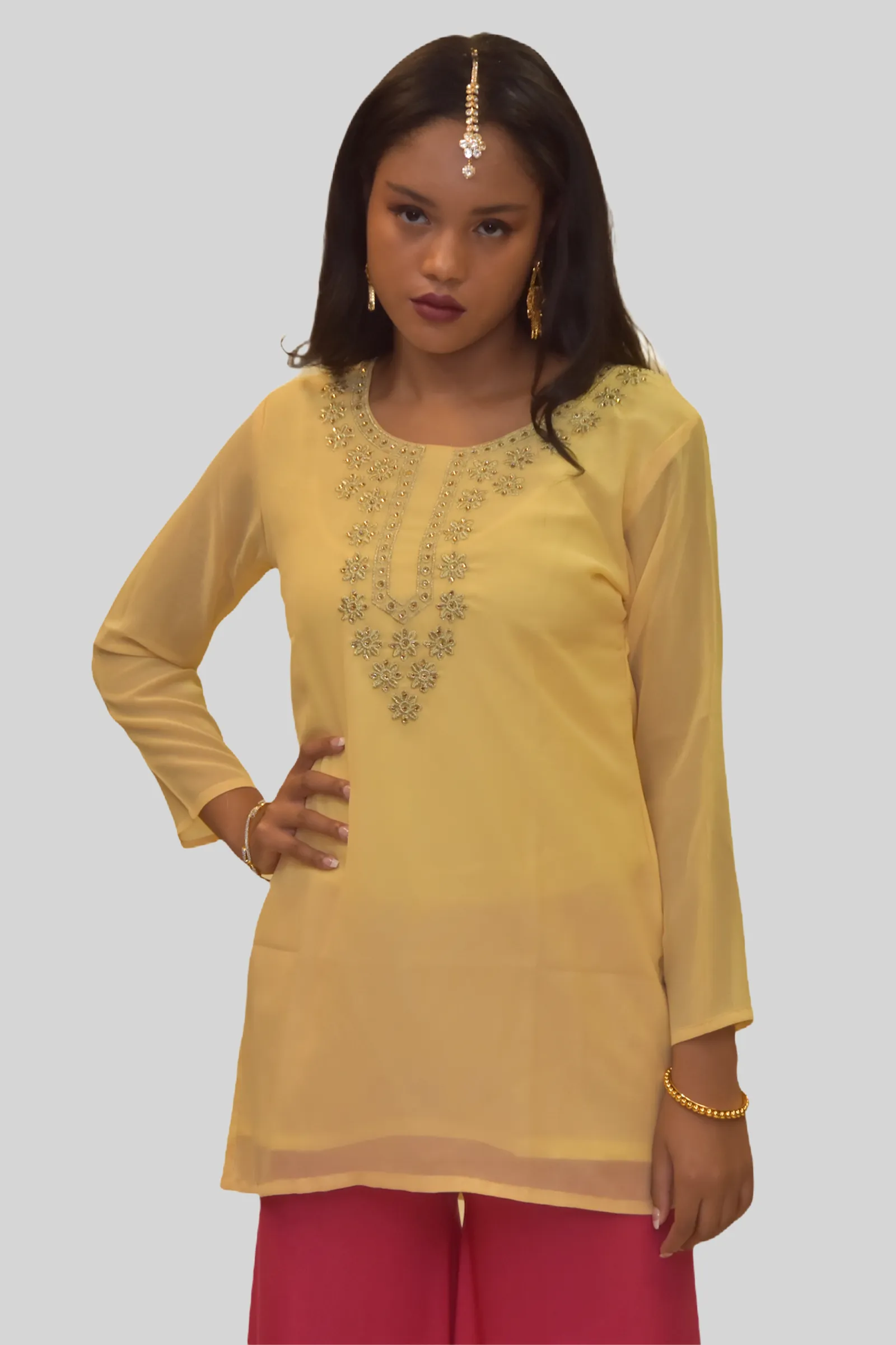 Cotton Chiffon Daffodil Yellow Embroidered Tunic