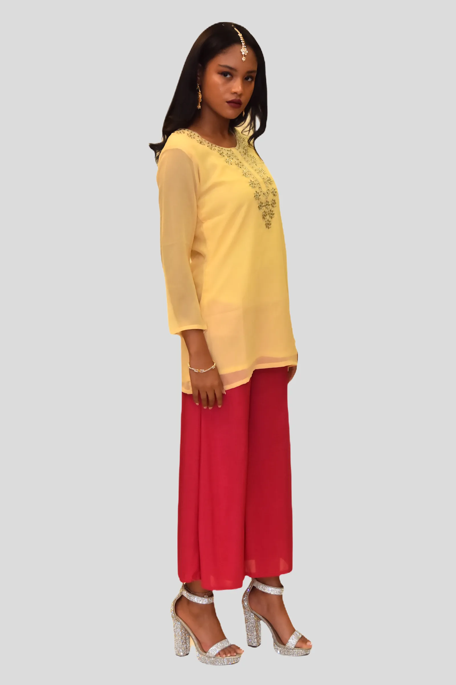 Cotton Chiffon Daffodil Yellow Embroidered Tunic