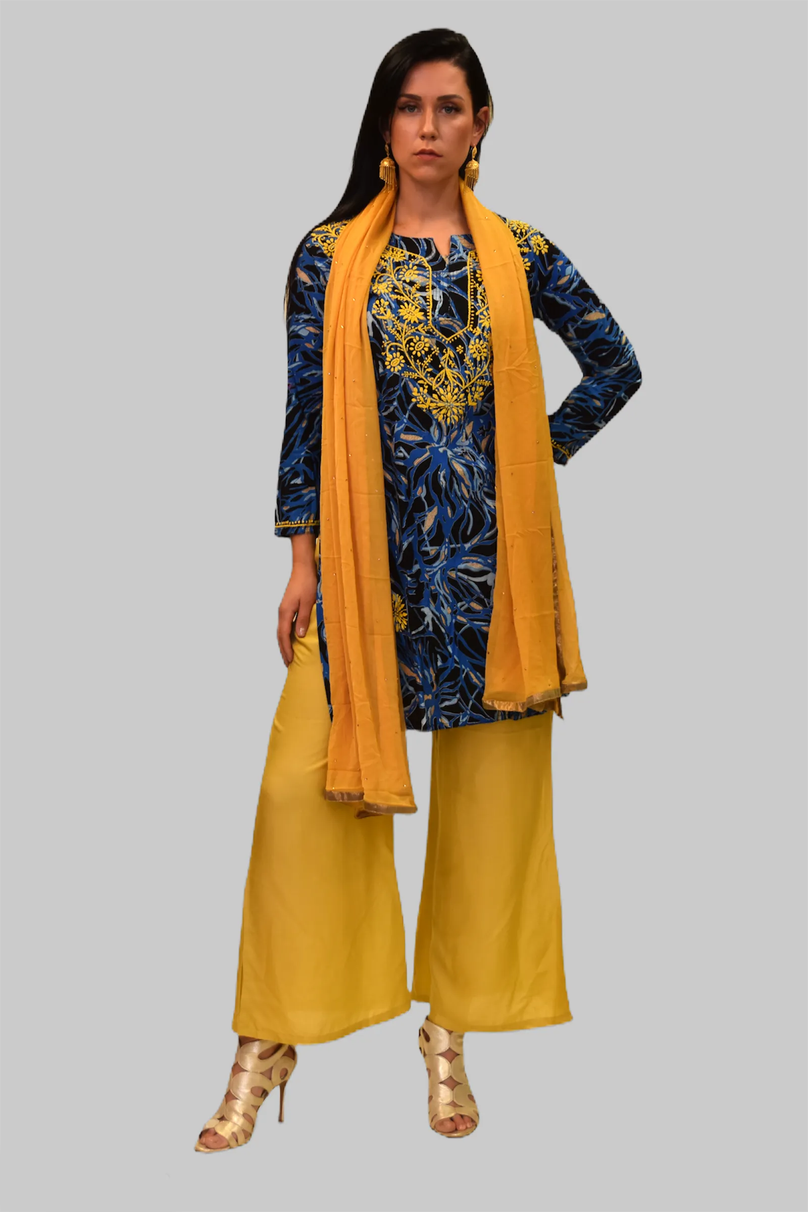 Cotton Printed Crow Black With Yale Blue Embroidered Tunic