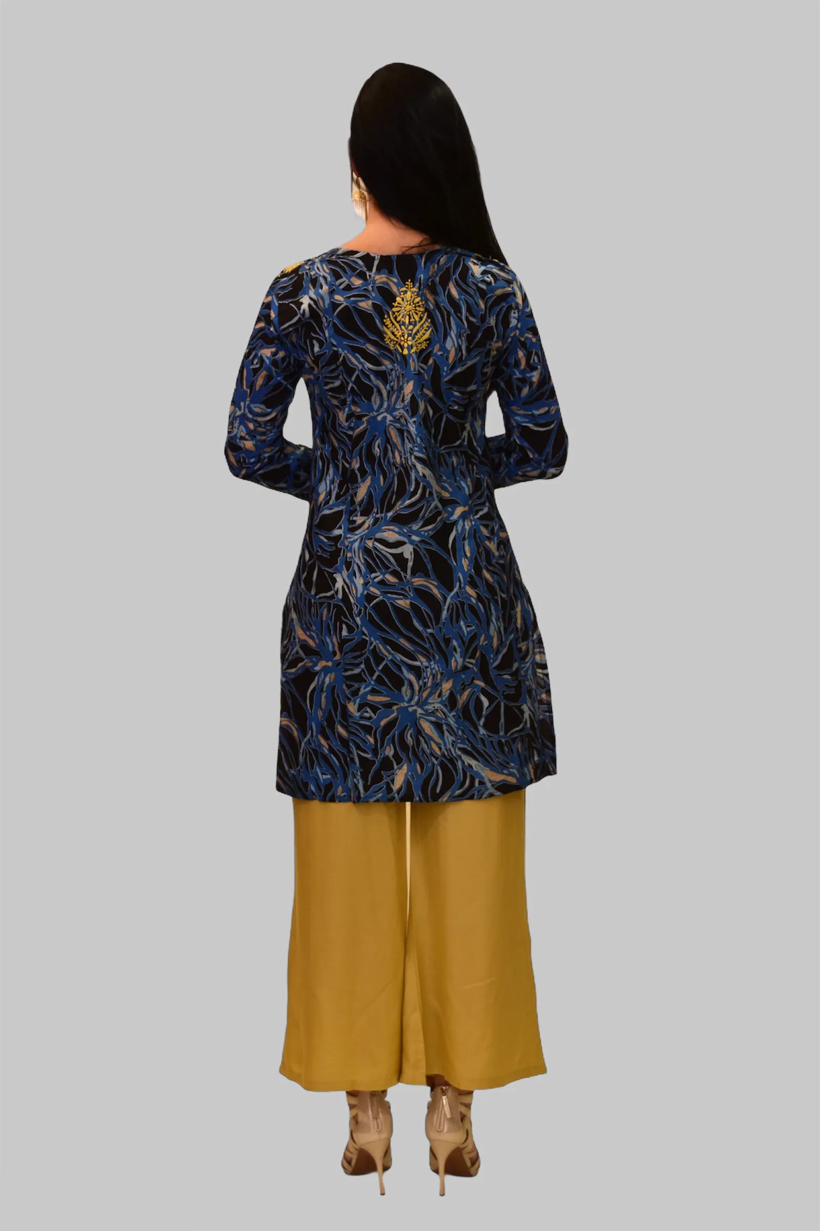 Cotton Printed Crow Black With Yale Blue Embroidered Tunic