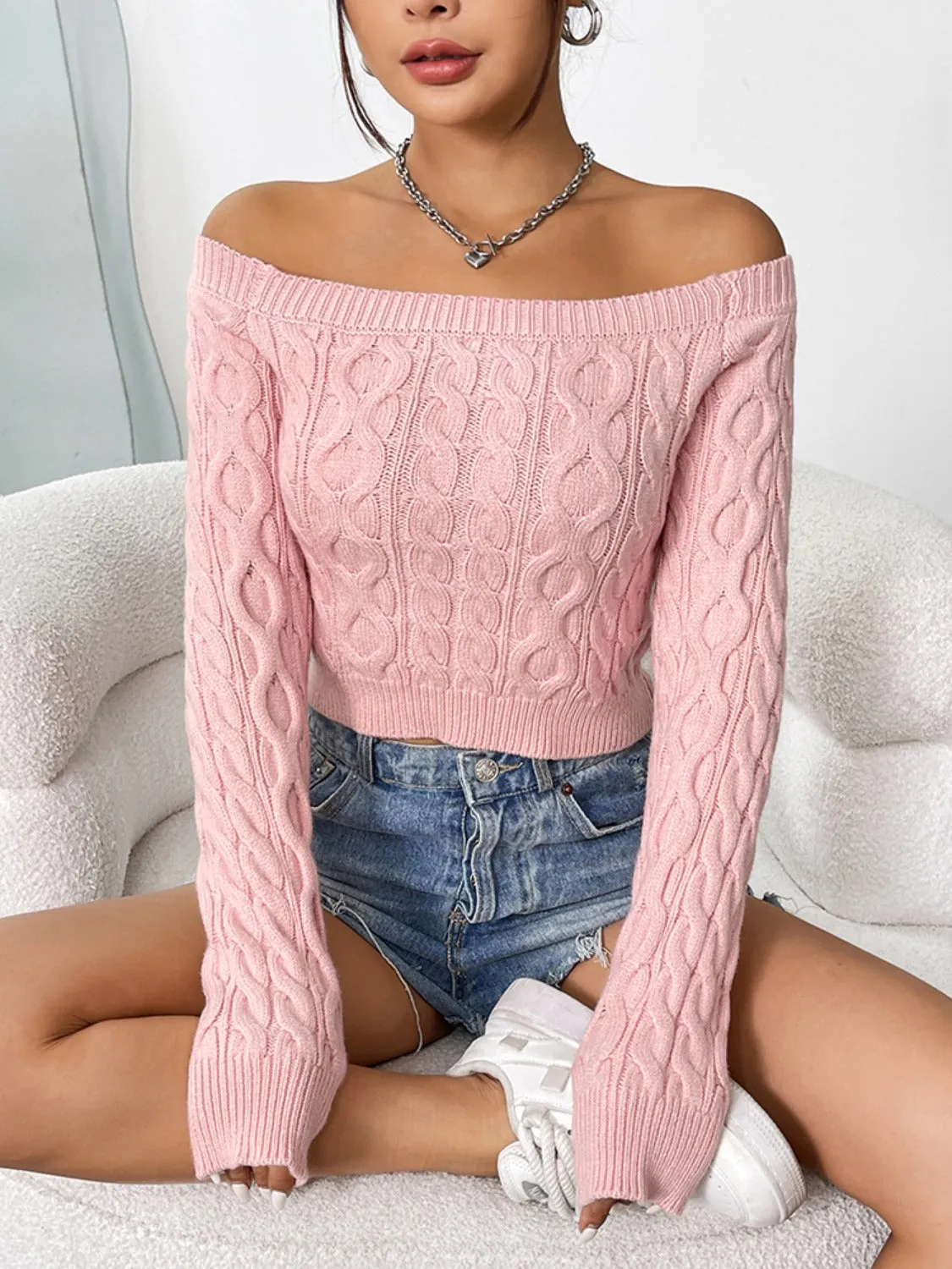 Cropped Cable-Knit Off-Shoulder Long Sleeve Knit Top