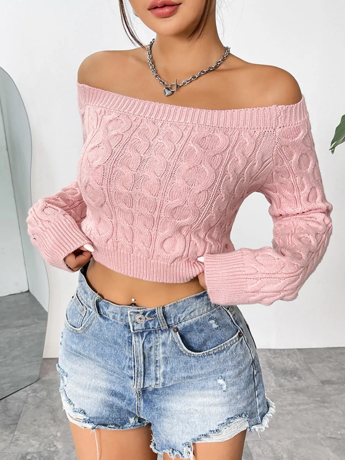 Cropped Cable-Knit Off-Shoulder Long Sleeve Knit Top