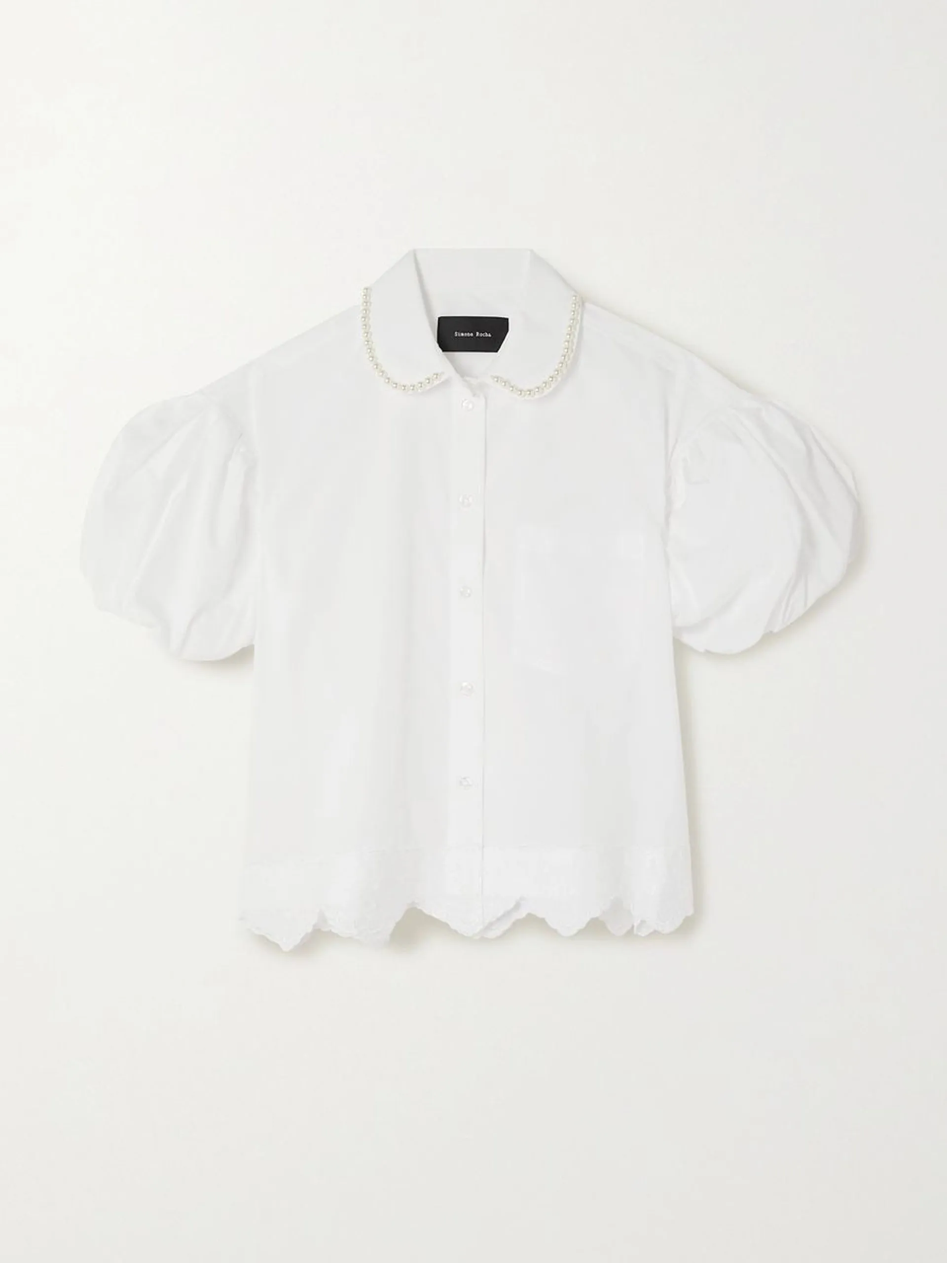 Cropped faux pearl-embellished embroidered shirt