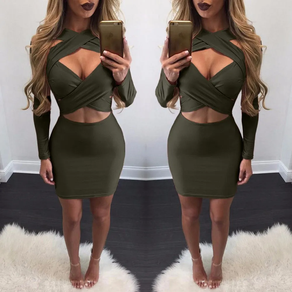 Cross Bandage Long Sleeve Short Bodycon Dress