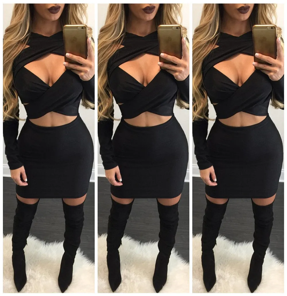 Cross Bandage Long Sleeve Short Bodycon Dress