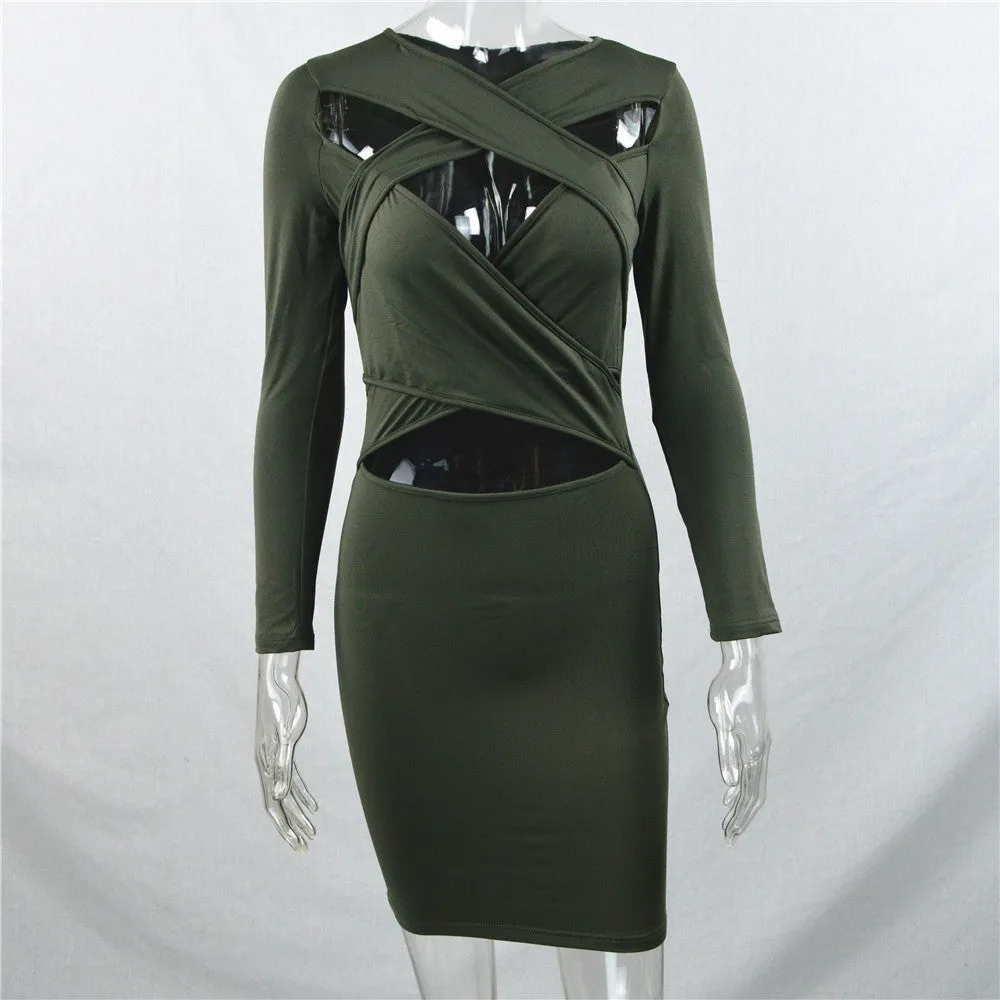 Cross Bandage Long Sleeve Short Bodycon Dress