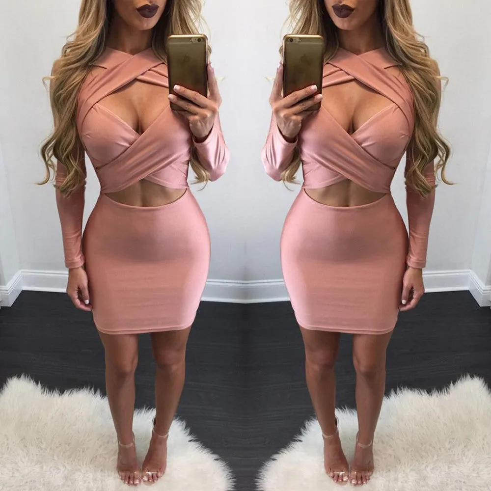 Cross Bandage Long Sleeve Short Bodycon Dress