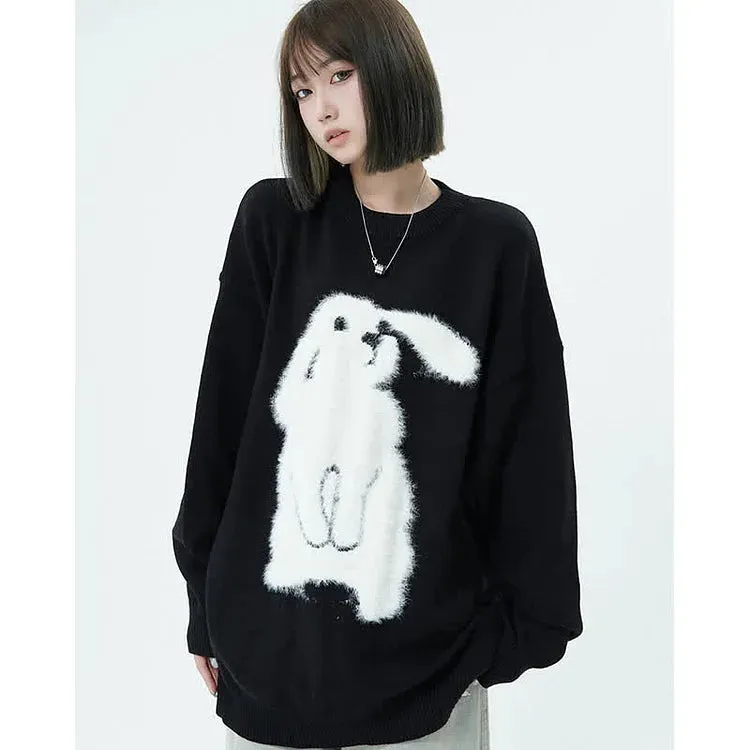 Cuddle-Ready Chic: Long Sleeve Bunny Print Sweater - Elevate Your Casual Style with Adorable Vibes! 🌟👕