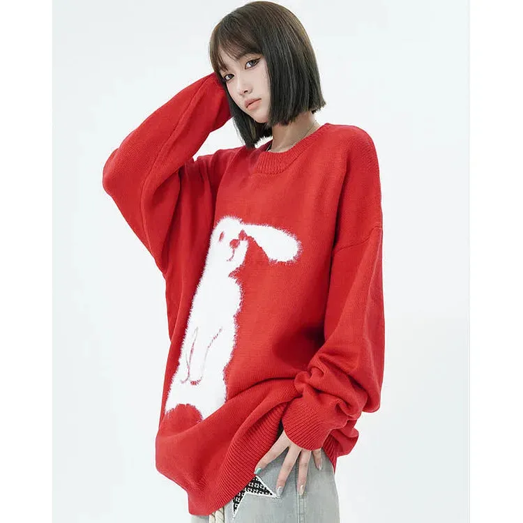 Cuddle-Ready Chic: Long Sleeve Bunny Print Sweater - Elevate Your Casual Style with Adorable Vibes! 🌟👕