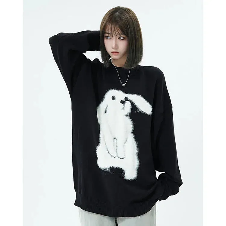 Cuddle-Ready Chic: Long Sleeve Bunny Print Sweater - Elevate Your Casual Style with Adorable Vibes! 🌟👕