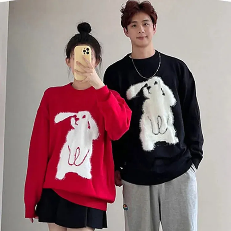 Cuddle-Ready Chic: Long Sleeve Bunny Print Sweater - Elevate Your Casual Style with Adorable Vibes! 🌟👕