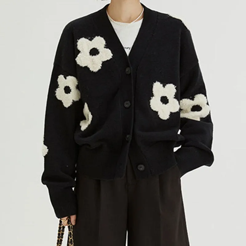 Custom Black Floral Cardigan Sweater - Women's Button-Down Knitwear