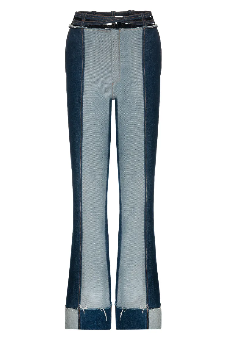 CUT-OUT BLUE DEMIN TAILORED PANTS