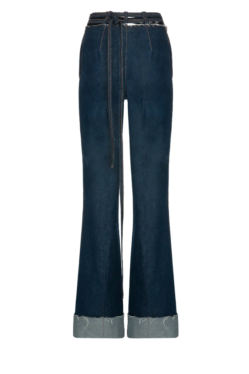 CUT-OUT BLUE DEMIN TAILORED PANTS