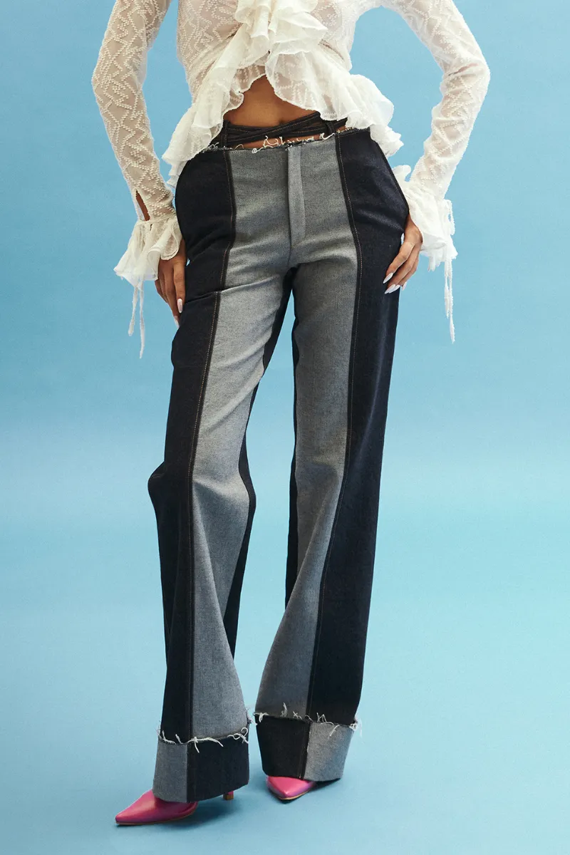 CUT-OUT BLUE DEMIN TAILORED PANTS