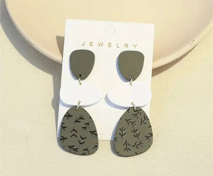 Dark Green with Black Twig Design Dangle Acrylic Earrings