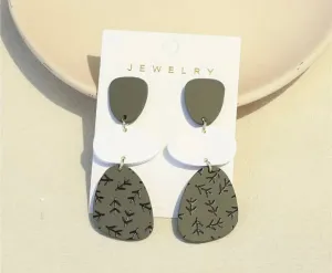Dark Green with Black Twig Design Dangle Acrylic Earrings