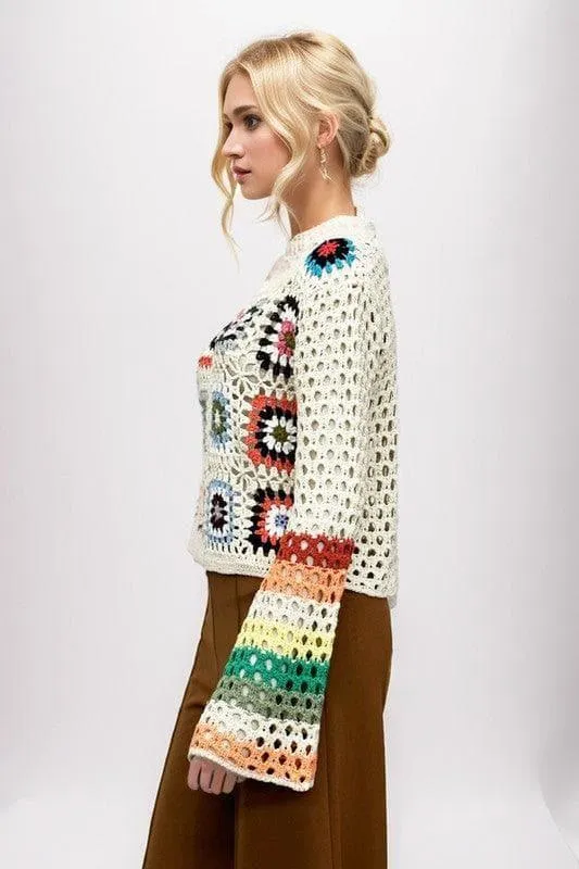 DAVI & DANI Floral Crochet Striped Sleeve Cropped Sweater