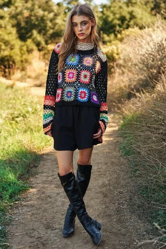 DAVI & DANI Floral Crochet Striped Sleeve Cropped Sweater