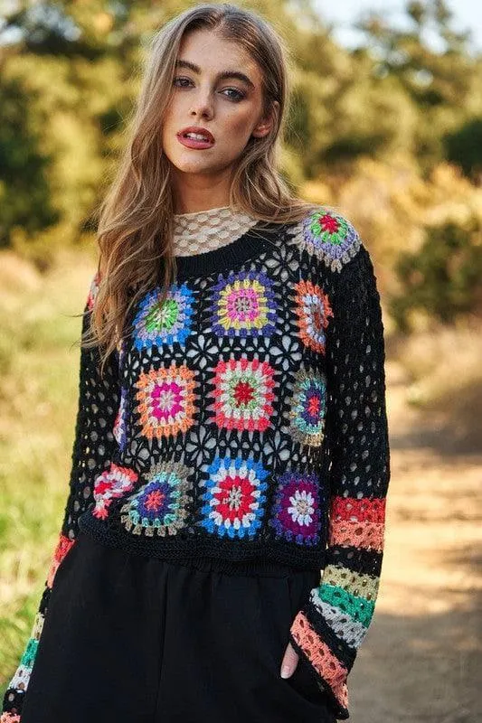 DAVI & DANI Floral Crochet Striped Sleeve Cropped Sweater