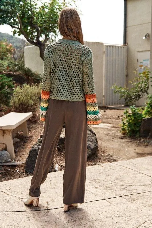 DAVI & DANI Floral Crochet Striped Sleeve Cropped Sweater