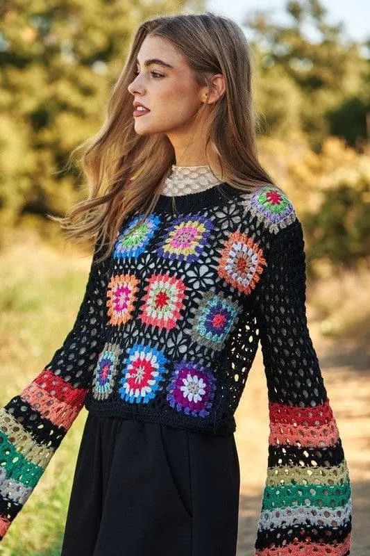 DAVI & DANI Floral Crochet Striped Sleeve Cropped Sweater