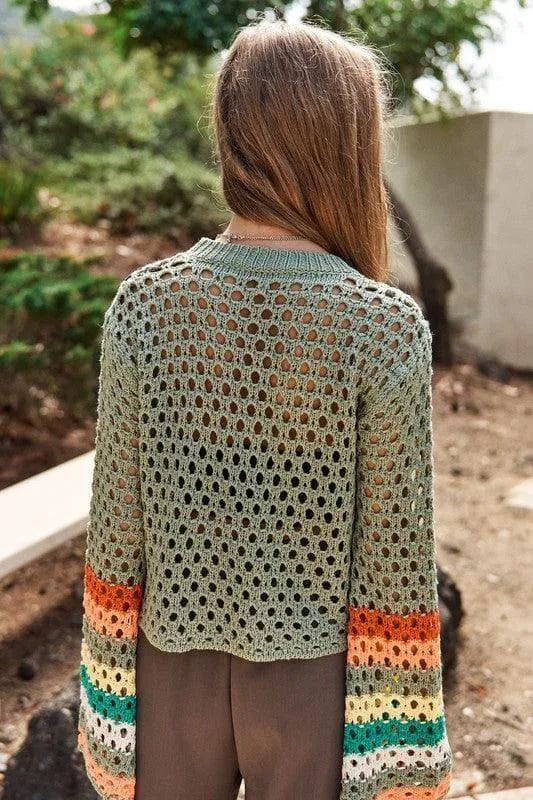 DAVI & DANI Floral Crochet Striped Sleeve Cropped Sweater