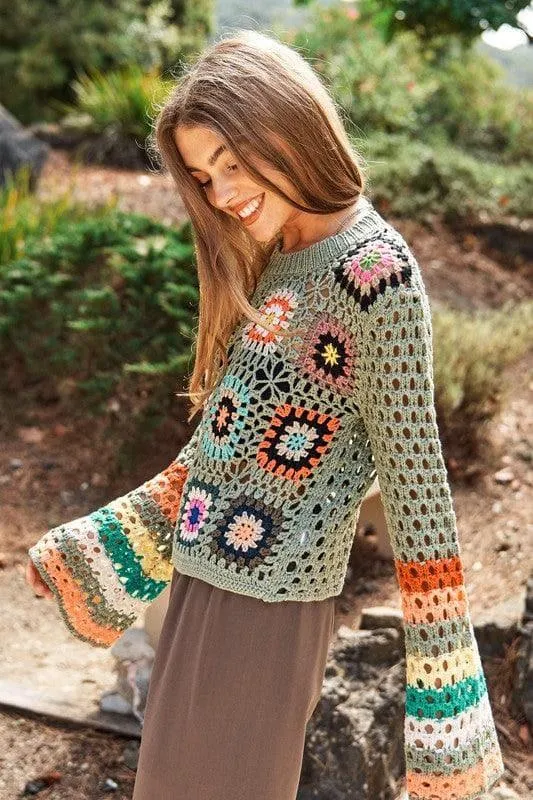 DAVI & DANI Floral Crochet Striped Sleeve Cropped Sweater