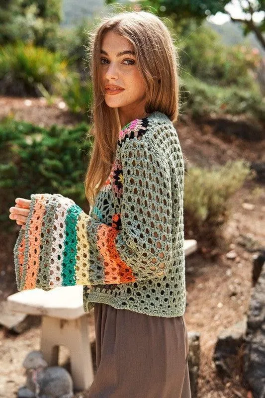 DAVI & DANI Floral Crochet Striped Sleeve Cropped Sweater