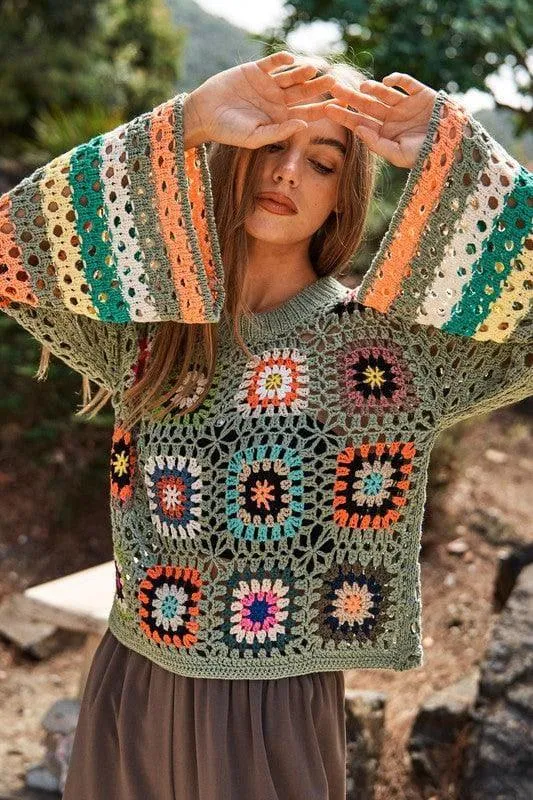 DAVI & DANI Floral Crochet Striped Sleeve Cropped Sweater
