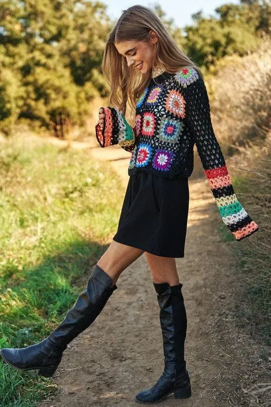DAVI & DANI Floral Crochet Striped Sleeve Cropped Sweater