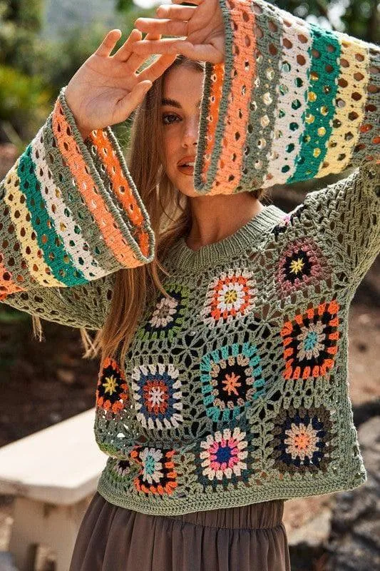 DAVI & DANI Floral Crochet Striped Sleeve Cropped Sweater