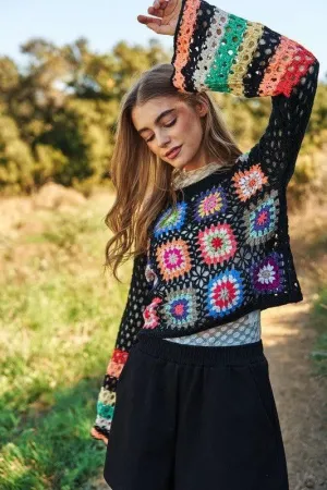 DAVI & DANI Floral Crochet Striped Sleeve Cropped Sweater