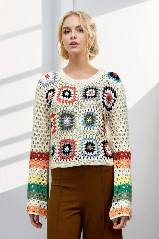 DAVI & DANI Floral Crochet Striped Sleeve Cropped Sweater