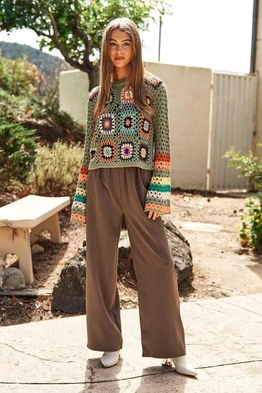 DAVI & DANI Floral Crochet Striped Sleeve Cropped Sweater