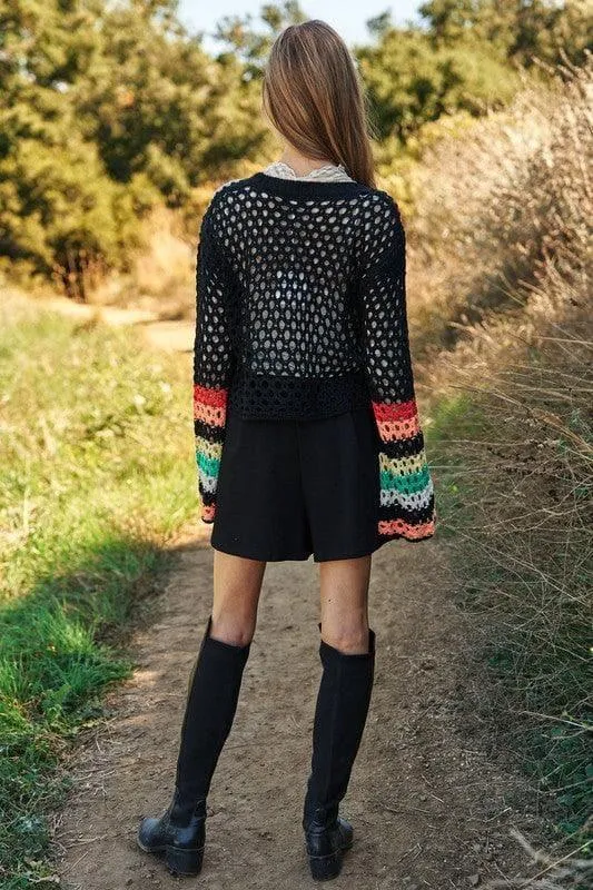 DAVI & DANI Floral Crochet Striped Sleeve Cropped Sweater
