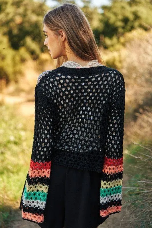 DAVI & DANI Floral Crochet Striped Sleeve Cropped Sweater