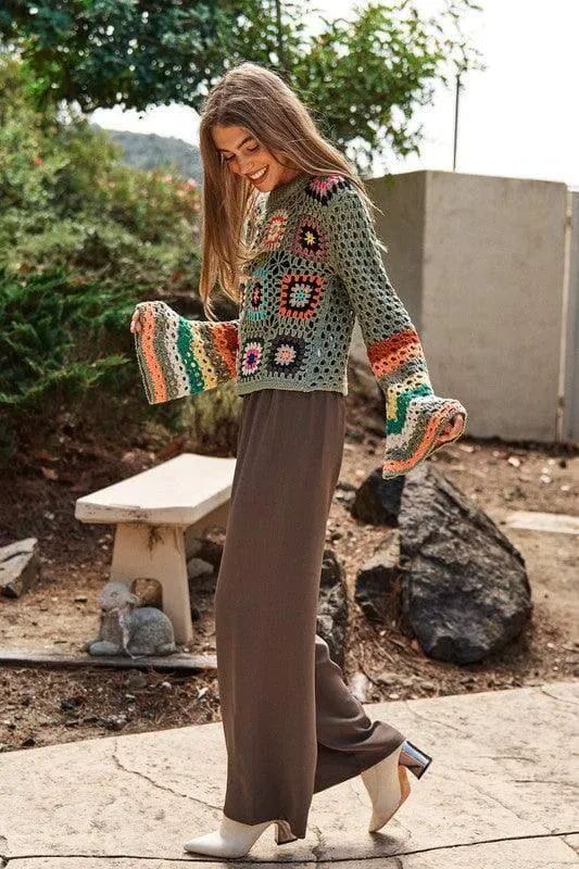 DAVI & DANI Floral Crochet Striped Sleeve Cropped Sweater